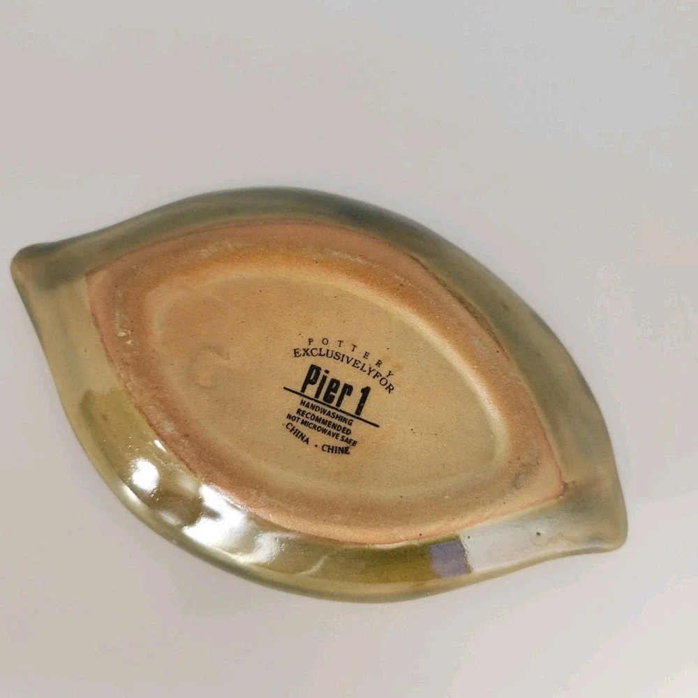 Pier 1 Leaf‎ Dish Green Brown Pottery Trinket Tray 6